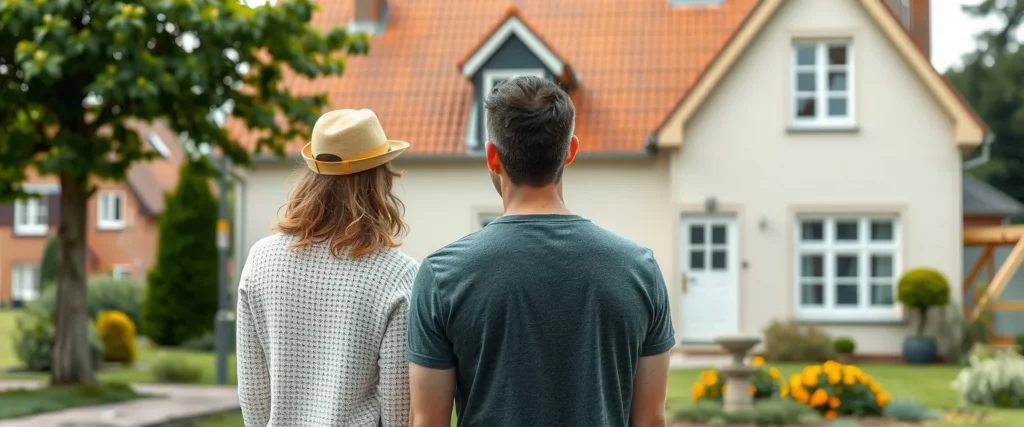 koppel bekijkt van achteren gezien hun woning met rood pannendak