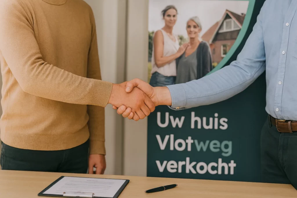 handdruk voor banner met tekst 'Uw huis Vlotweg verkocht' naast getekend contract
